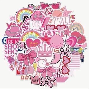 Set of 50 Preppy Pink Stickers Bows Hearts Cowgirl Hat Stars Sunglasses Crown